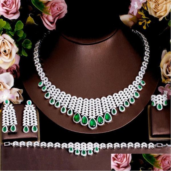 Pendientes Collar Conjunto Lujo Grande Chunky Cubic Zircon Hoja Flecos Verde Pulsera Anillo Mujeres Nupcial Declaración Gota Dhgarden Dhx5L