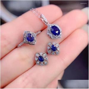 Pendientes Collar Conjunto Royal Blue Imitar Zafiro Piedra Joyería Sier Color Flor Forma Pendiente Anillo Boda Eengagement Nupcial Gi Dh6He