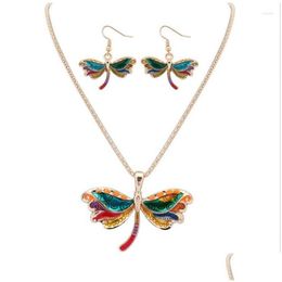 Boucles d'oreilles Collier Ensemble Vente Européenne Drip Oil Colorf Libellule Style Boucle D'oreille Bijoux Drop Delivery Sets Dhgarden Dhc2L