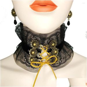 Boucles D'oreilles Collier Ensemble Vintage Bronze Engrenages Cordon Attaché Dentelle Noire Steampunk Top Ras Du Cou Boucle D'oreille Drop Delivery Ensembles De Bijoux Dhgarden Dh3Ov