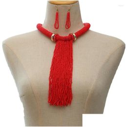 Boucles d'oreilles collier ensemble femme 2 pièces longues perles de pompon rouge pour femmes Boho accessoires filles cadeaux livraison directe ensemble de bijoux Dhgarden Dhmor
