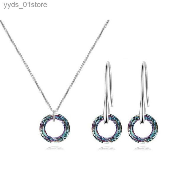 Pendientes Collar Color Plata Fancy Stone Circle Conjuntos de joyas Cristales de Austria Collares pendientes Piercing Pendientes colgantes para mujeres Boda L240323