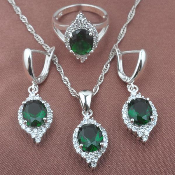 Boucles d'oreilles collier couleur argent vert cubique zircone ensemble de bijoux de mariée pour les femmes Costume boucle d'oreille pendentif anneau YZ0516