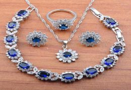 Oorbellen ketting zilveren kleur sieraden sets bruids bruiloft juwelen voor vrouwen blauwe kubieke zirkonia armband en ring JS01528923698