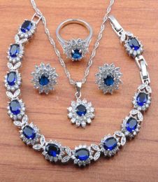 Oorbellen ketting zilveren kleur sieraden sets bruids bruiloft juwelen voor vrouwen blauwe kubieke zirkonia armband en ring JS01522544409