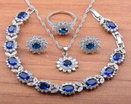 Oorbellen Ketting Zilver Kleur Sieraden Sets Bruids Bruiloft Sieraden Voor Vrouwen Blauw Zirkonia Armband En Ring JS01529684077