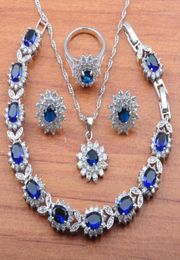 Oorbellen Ketting Zilver Kleur Sieraden Sets Bruids Bruiloft Sieraden Voor Vrouwen Blauw Zirkonia Armband En Ring JS01528942284