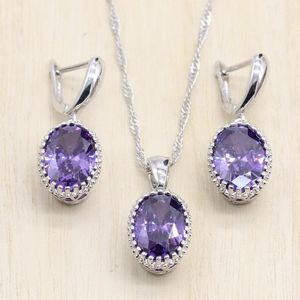Oorbellen ketting zilveren kleur sieraden sets paars lichtblauw kubieke zirkoon oorbellen/hanger/ketting j