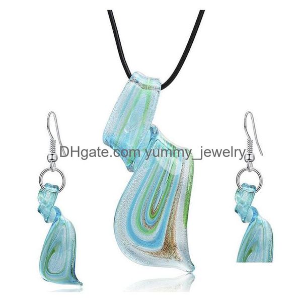 Boucles d'oreilles Collier Streamer Glitter Murano Lampwork Soufflé Pendentifs En Verre Vénitien Colliers Et Ensembles De Bijoux À La Main Bijou De Mode Dhtqc