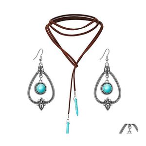 Oorbellen ketting zomer strand lederen ketting vrouwen veer kraal hanger mode bohemian sieraden sets drop levering ot76q