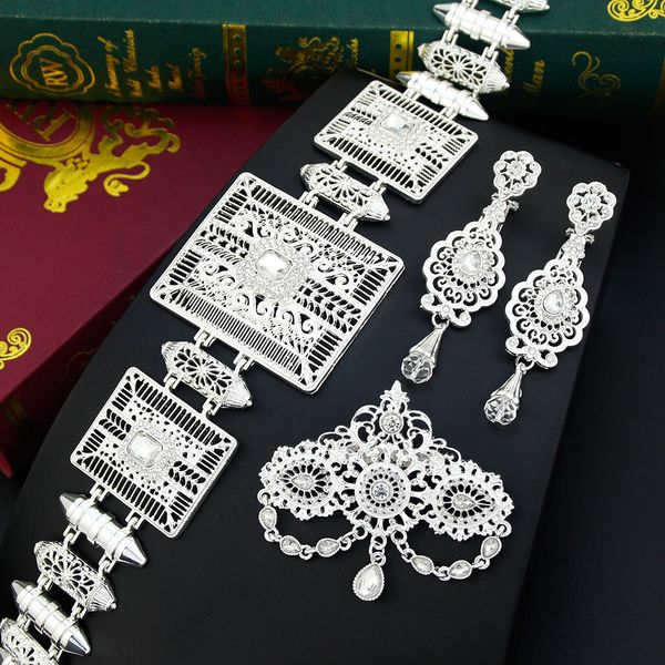 Boucles d'oreilles Collier Sunspicems Argent Couleur Maroc Ensembles de bijoux de mariée Caftan Ceinture Fleur Cristal Broche Longue Boucle D'oreille Marocaine Taille Chaîne Ceinture 230820