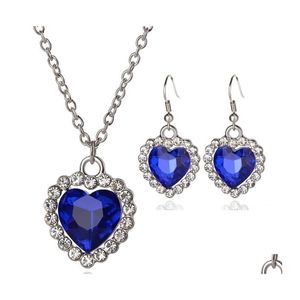 Oorbellen ketting het hart van oceaanjuwelen set voor vrouwen blauwe kristal edelsteen hanger hanger