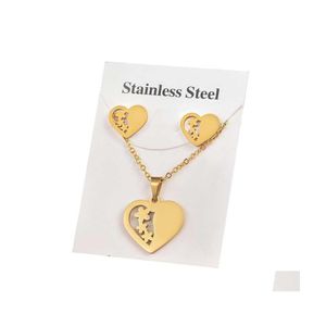 Boucles d'oreilles collier à la mode couleur or géométrique amour coeur forme pendentif ensembles en acier inoxydable pour les femmes cadeau livraison directe bijoux Ot7Ji