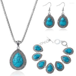 Pendientes Collar Conjuntos de joyería únicos Colgante de gota de agua plateado Azul Turquesas Pulsera de piedra Pendientes Earl22
