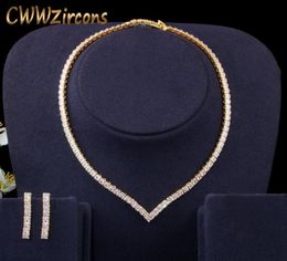 Oorbellen Ketting Zeer Glanzend Zirkonia Pave Geel Goud Kleur Dames Party Choker En Oorbel Bruiden Sieraden Set T4213422237