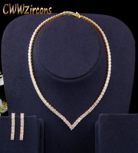 Boucles d'oreilles collier très brillant zircon cubique pavé couleur or jaune femmes fête tour de cou et boucle d'oreille mariées ensemble de bijoux T4211736867
