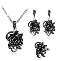 Earrings  Necklace Vintage Black Rose Jewelry Sets Wedding Bridal Ring Earring Set For Women Elegant Prom Party Jewellery Accessories