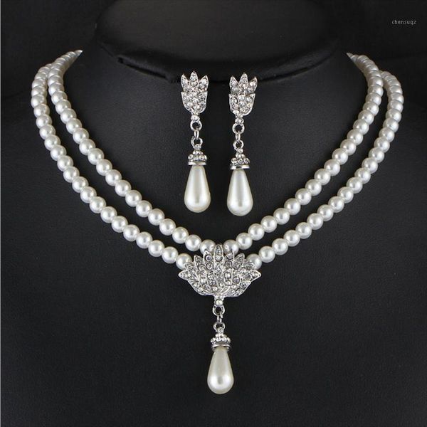 Boucles d'oreilles collier Vintage fausse perle cristal ensemble de bijoux pour femmes Imitation pendentif mariée mariage fiançailles