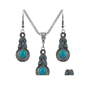 Boucles d'oreilles Collier Vintage Turquoise Pendentif Dangle Drop Set Pour Femmes Rétro Pierre Naturelle Bijoux De Mode En BK Livraison Ensembles Otl62