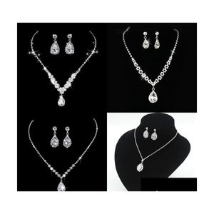 Oorbellen ketting waterdruppel strass hanger ketting FL kristal vergulde sier eiken oorbellen elegante bruids bruiloft sieraden set dhgmz