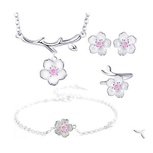 Oorbellen ketting bruiloft bruids sieraden sets sier vergulde paarse roze kristal kersen bloesems bloem kettingen ringen voor vrouwen dro otbpc