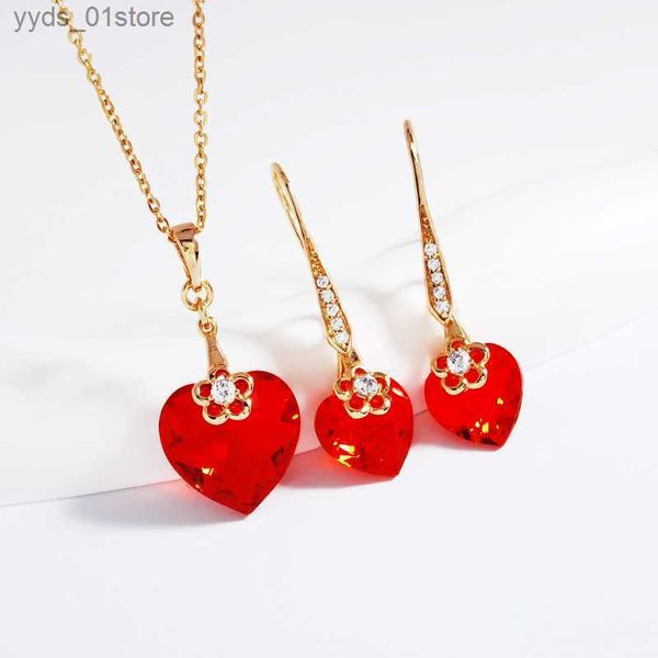 Pendientes, collar, conjuntos de joyería de boda para mujer, bisutería de fiesta, nuevo collar rojo en forma de corazón y pendientes colgantes, conjunto de joyería con cristal de Austria L240323