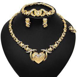 Серьги, ожерелье, комплект свадебных украшений XO, сердце, золотого цвета, кристаллы, нигерийские африканские бусы, наборы подарков для женщин232k