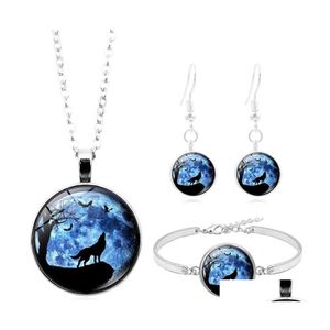 Oorbellen ketting wolf huilen bij de maan p o cabochon glazen sieraden set sier mode armband oorbel sets voor vrouwelijke geschenken drop d dhsb7