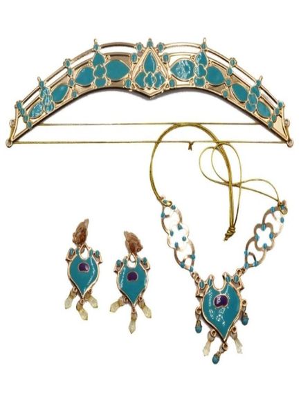 Boucles d'oreilles Collier Femmes Jasmine Couronne Royale Bandeau Pendentif Ensemble de Bijoux Sarcelle Habiller Princesse Adultes Enfants Costume Kit4200606