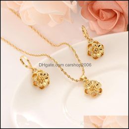 Oorbellen ketting dames sieraden set schattig vergulde 18 K vast gouden gf rozen hanger bloem kettingen/oorbellen Europa bruiloft meisje cadeau een dhmow