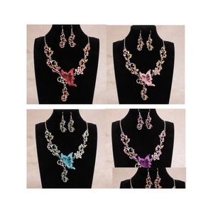 Oorbellen Ketting Vrouwen Sieraden Sets Vlinder Bloem Strass Hanger Verklaring Set Mode Bruidsjurk Voor Lady Drop Levering Dh1X6