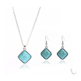 Boucles d'oreilles Collier Femmes Perles Carrées Tibétain Sier Turquoise Ensemble Gstqs023 Cadeau De Mode Style National Femmes Ensembles De Bijoux À Bricoler Soi-Même 325C3 Dh0G2