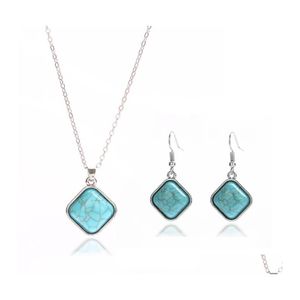 Oorbellen ketting dames vierkante kralen tibetaanse sier turquoise set gstqs023 mode cadeau nationale stijl vrouwen diy sieraden sets 325C3 dh0g2