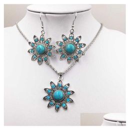 Oorbellen ketting dames zonnebloem tibetan sier turquoise set gstqs026 mode cadeau nationale stijl vrouwen diy sieraden sets drop del dhjey