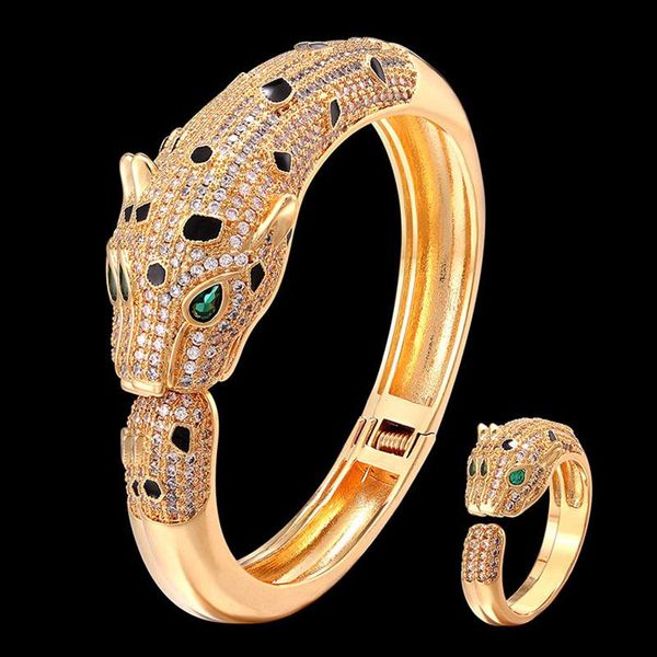 Pendientes collar Zlxgirl 2021 Zirconia completa cobre leopardo forma Animal joyería conjunto clásico mujeres Jet esmalte boda brazalete anillo conjuntos Gif