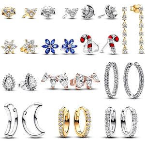 Oorbellen NIEUW 925 Sterling Zilver pan Singlerow Huggie Moon Hoop Red Candy Cane Blue Herbarium Cluster Heart Pear Stud Oorbellen Geschenken