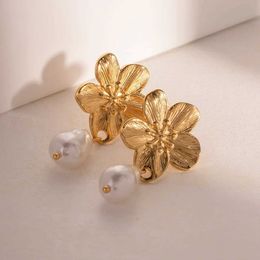 Boucles d'oreilles Nouvelle boucle d'oreille de luxe épaisse en acier inoxydable avec perle de coquille pour les femmes plaqué or pendentifs floraux boucles d'oreilles bijoux d'oreille épais 230831