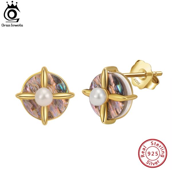 Boucles d'oreilles ORSA JEWELS 14K or 925 boucles d'oreilles en argent Sterling avec coquille d'ormeau pour les femmes perles de mode bijoux de clou d'oreille GPE25