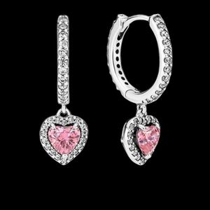 Pendientes Pandorara Diseñador Moda de lujo Mujer Brillante Halo Corazón Rosa Pendientes de circón en forma de corazón Perfecto para regalos navideños para niñas