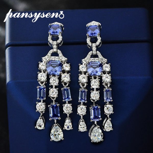 Pendientes Pansysen Luxury 925 Sterling Silver 6 mm creado Moissanite Tanzanite Gemstone Tassel Dangle Drop Pendientes para mujeres Joyas finas