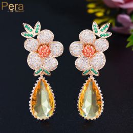 Boucles d'oreilles pera cher 585 or couleur or brillant jaune cz de luxe bijoux bijoux long grand fleur charme d'eau boucles d'oreilles pour les mariées e848