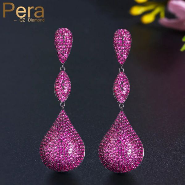 Boucles d'oreilles pera luxe grosse boule disco rose vif rose cz pierre esthétique couleur or couleur longue fête de fiançailles boules d'oreilles pour femmes e597