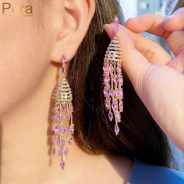 Oorbellen pera temperament paars cz zirkoon licht goud kleur lange franjes windkruip dangly druppel oorbel voor vrouwen sieraden accessoire e845