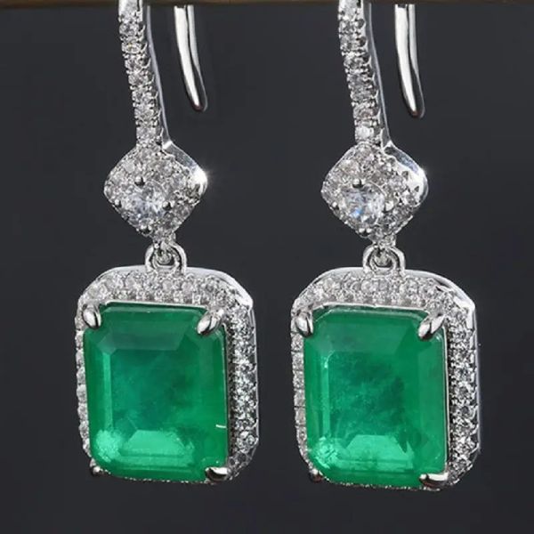 Boucles d'oreilles QTT Aesthetic Square Lab Lab Emerald Tourmaline Stone suspendue boucles d'oreilles en argent Boucles d'oreilles pour femmes bijoux de cadeau de mariée