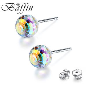 Oorbellen Real 925 Silver Ball Stud oorbellen Disco Fancy Stone Crystals van Oostenrijk Piercing voor vrouwen feest bruiloft sieraden