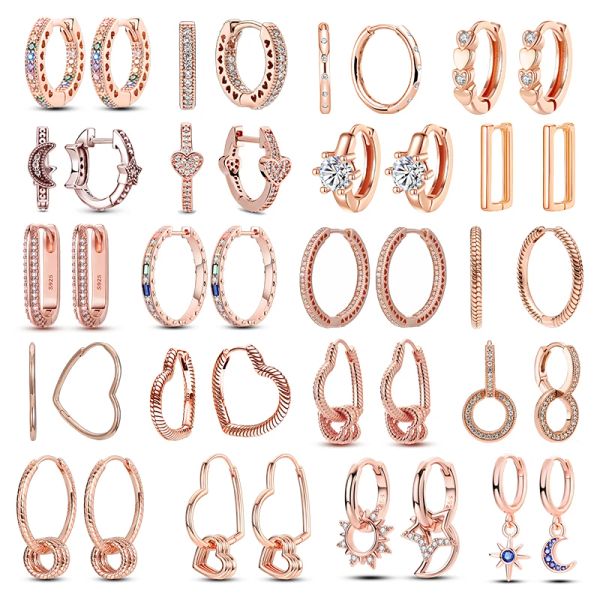 Boucles d'oreilles Rose Gold Hoop Moucles d'oreilles pour femmes 925 argent Pave Original Pave CZ Heart Ciecle Star Moon U Shape Boucles d'oreilles