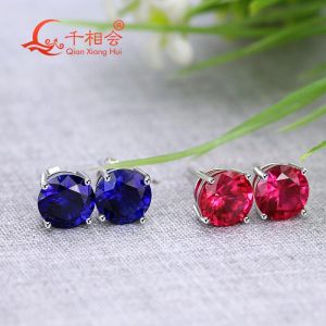 Boucles d'oreilles S925 Corundum en argent rouge ou bleu couleur Round Shape 8 mm Single Lab Créé Ruby Sapphire Stone Eaute d'oreille
