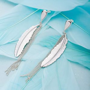 Boucles d'oreilles SA SILVERAGE réel 925 en argent Sterling boucles d'oreilles goutte Zircon pour les femmes or bijoux fins longue plume gland 2019 offre spéciale