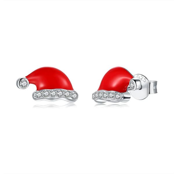 Pendientes Gorro de Papá Noel Lindo Cristal Rojo Esmalte Pendientes de Plata de Ley 925 Diamantes de Imitación para Mujer Joyería de Navidad Regalo de Navidad para Niñas