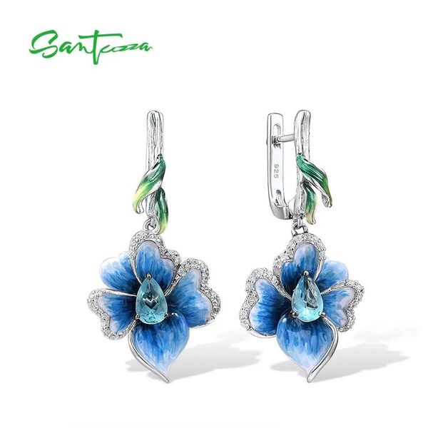 Boucles d'oreilles SANTUZZA argent boucles d'oreilles pour femmes véritable 925 en argent Sterling élégant fleurs bleues à la mode bijoux fins émail fait à la main